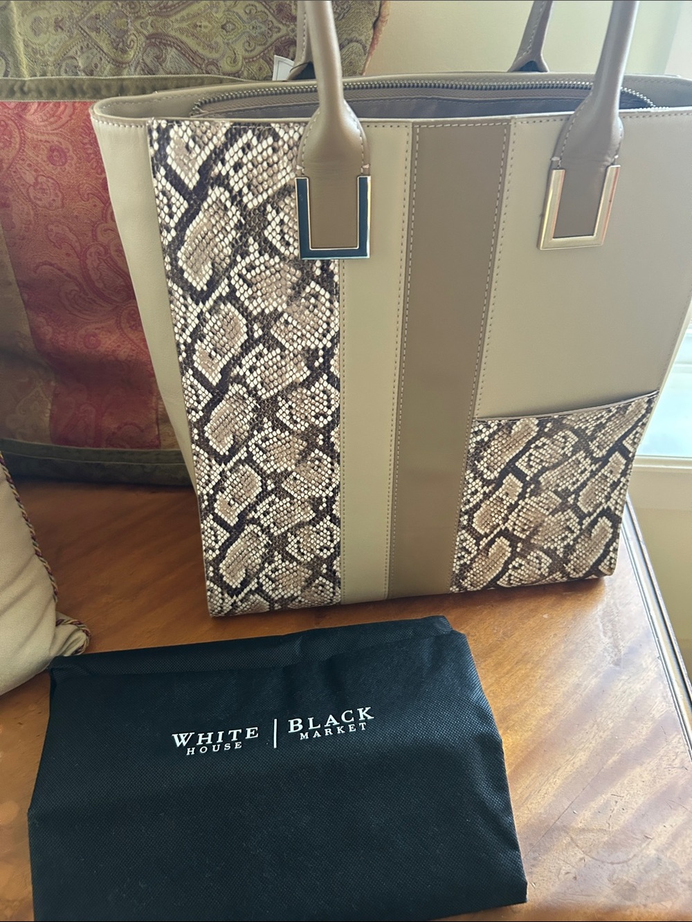 White House Black Market Taupe and Snake-Print Panel Tote
